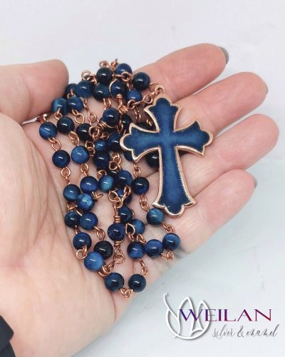Unique Rosary with Turquoise Enamel Bronze Cross and Tiger’s Eye Gemstone Beads