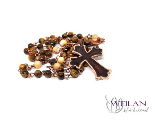 Unique Rosary with Brown Enamel Bronze Cross and Tiger’s Eye Gemstone Beads