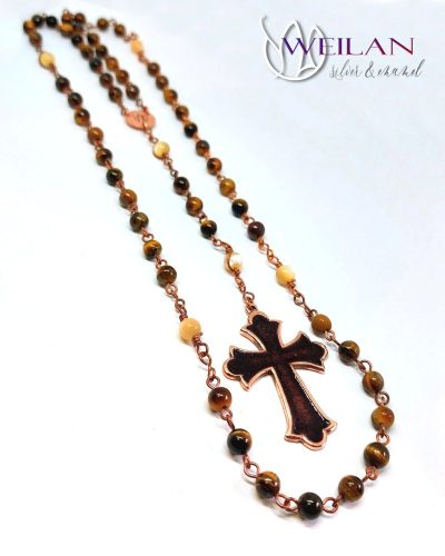 Unique Rosary with Brown Enamel Bronze Cross and Tiger’s Eye Gemstone Beads