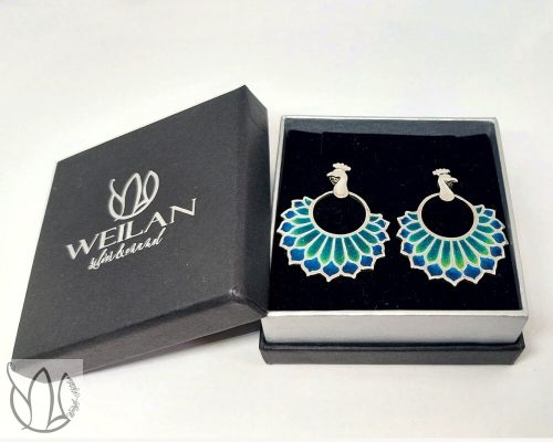 Fölszállott a páva - Büszke páva - ezüst ajourzománc fülbevaló WEILAN díszdobozban