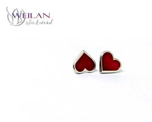 Karnevál - Szív ezüst tűzzománc fülbevaló vörös oldalról