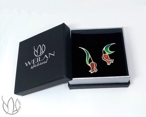 Hej'tulipán - Virágszálam aszimmetrikus ezüst tűzzománc fülbevaló Weilan díszdobozban