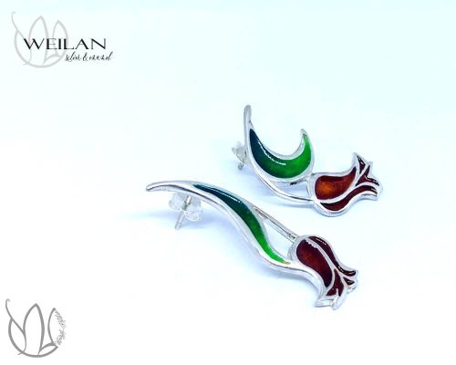 Virágszálam - aszimmetrikus, stiftes ezüst tűzzománc fülbevaló