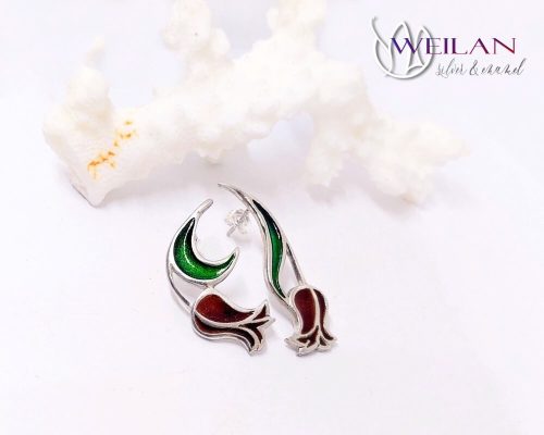 Virágszálam - aszimmetrikus, stiftes ezüst tűzzománc fülbevaló