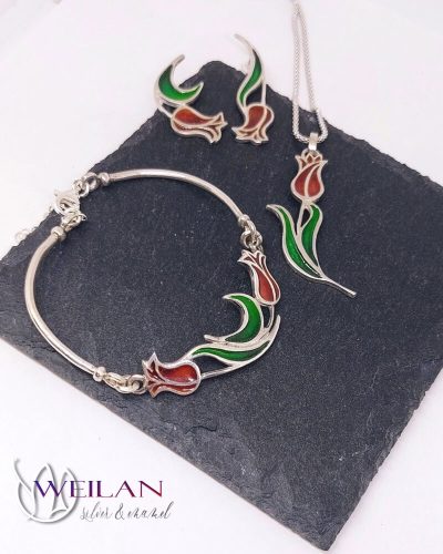 Virágszálam - aszimmetrikus, stiftes ezüst tűzzománc szett