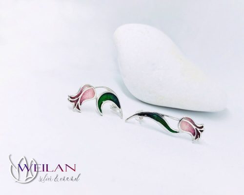 Virágszálam aszimmetrikus ezüst tűzzománc fülbevaló