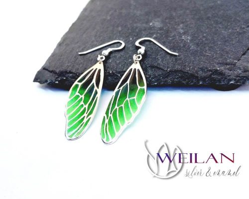 Szitakötőszárny - ezüst ajour tűzzománc fülbevaló (zöld)