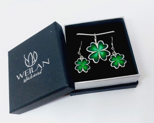 Négylevelű lóhere ezüst tűzzománc szett Weilan díszdobozban