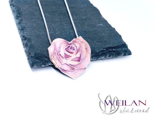 Rózsaszív - ezüst tűzzománc medál (rózsaszín - lila)