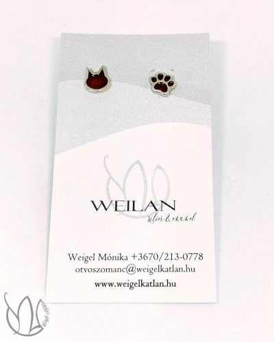 Karnevál - Aszimmetrikus cicafej és cicatalp ezüst tűzzománc fülbevaló