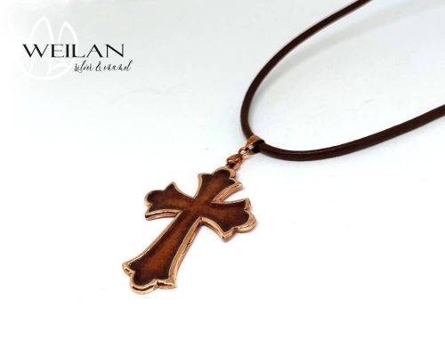 Liliomvégű latin kereszt - bronz tűzzománc medál (barna)