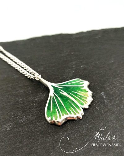 Leaf - Ginkgo Biloba - ezüst tűzzománc medál, ezüst láncon, egyedi ékszer