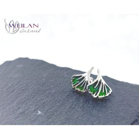 Leaf - Ginkgo Biloba - tűzzománcozott ezüst fülbevaló, stiftes fülbevaló