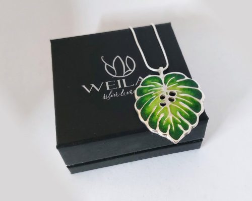 Leaf - Filodendron, monstera ezüst tűzzománc medál Weilan díszdobozzal