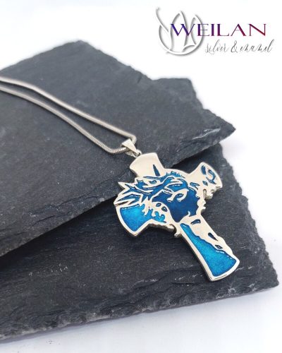 Krisztus arca, ezüst tűzzománc kereszt medál