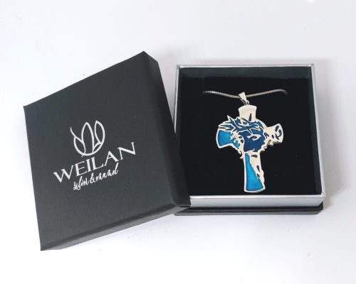 Krisztus arca, ezüst tűzzománc kereszt medál Weilan díszdobozban