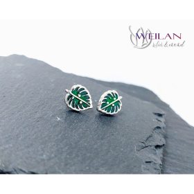 Leaf - Filodendron, monstera, kicsi ezüst tűzzománc fülbevaló, stiftes fülbevaló