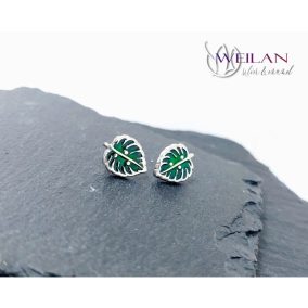 Leaf - Filodendron, monstera, kicsi ezüst tűzzománc fülbevaló, stiftes fülbevaló