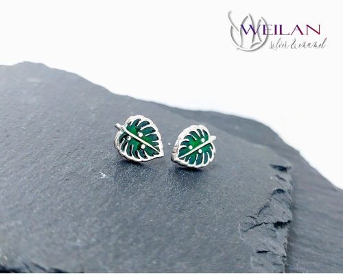 Leaf - Filodendron, monstera, kicsi ezüst tűzzománc fülbevaló, stiftes fülbevaló