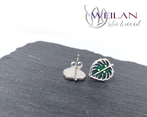 Leaf - Filodendron, monstera, kicsi ezüst tűzzománc fülbevaló, stiftes fülbevaló