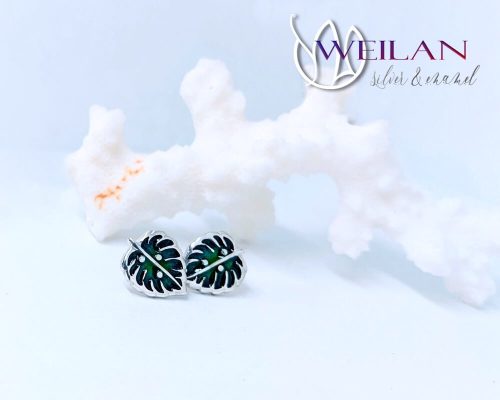 Leaf - Filodendron, monstera, kicsi ezüst tűzzománc fülbevaló, stiftes fülbevaló, zöld OG