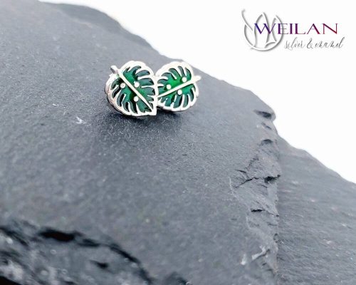 Leaf - Filodendron, monstera, kicsi ezüst tűzzománc fülbevaló, stiftes fülbevaló