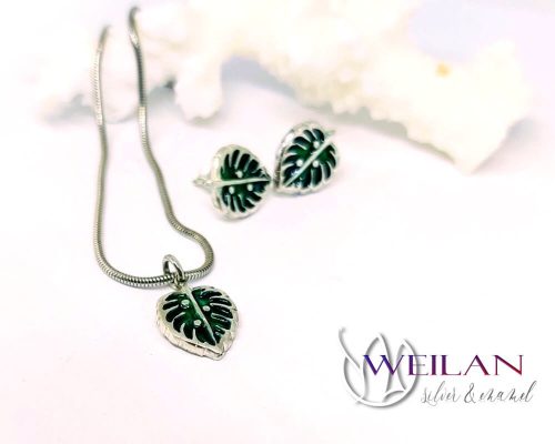 Leaf - Filodendron, monstera, kicsi ezüst tűzzománc szett