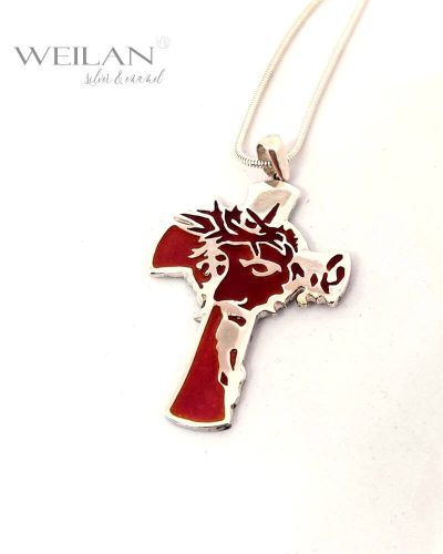 Krisztus arca, ezüst tűzzománc kereszt medál OG