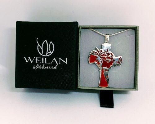 Krisztus arca, ezüst tűzzománc kereszt medál Weilan díszdobozban