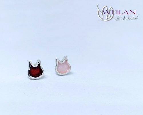 Karnevál - Aszimmetrikus  cicafej ezüst tűzzománc fülbevaló