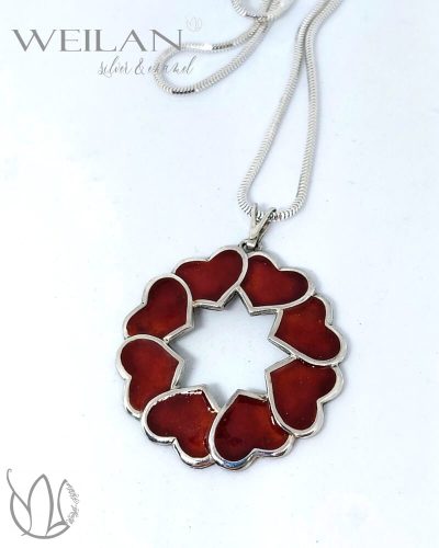 my Valentine - Szívkoszorú ezüst tűzzománc medál, bordó - piros szemből