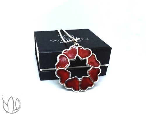 my Valentine - Szívkoszorú ezüst tűzzománc medál, bordó - piros díszdobozon