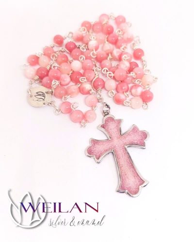 Unique Rosary with Pink Enamel 925 sterling Silver Cross and Rose quartz Gemstone Beads