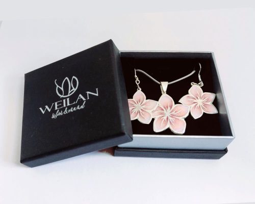 Flora - Cseresznyevirág ezüst tűzzománc szett Weilan díszdobozban