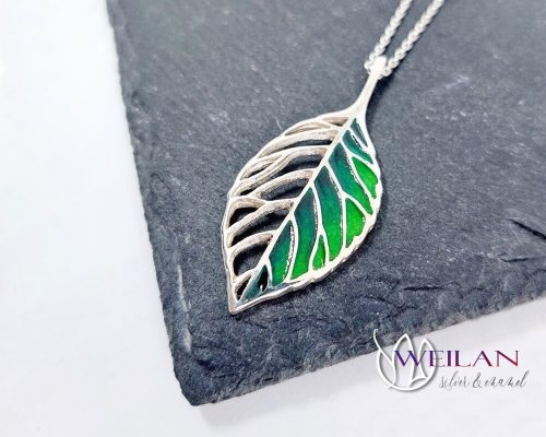 Leaf - Fagus / Bükk ezüst tűzzománc medál, vékony ezüst láncon OG