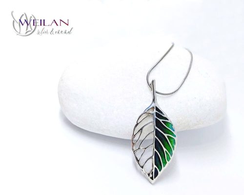 Leaf - Fagus / Bükk ezüst tűzzománc medál, vékony ezüst láncon OG