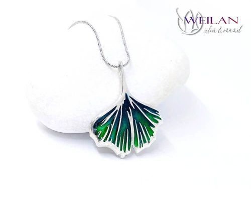 Leaf - Ginkgo Biloba - ezüst tűzzománc medál, ezüst láncon