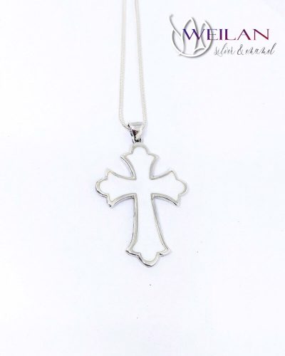 Liliomvégű latin kereszt - ezüst tűzzománc medál (fehér)