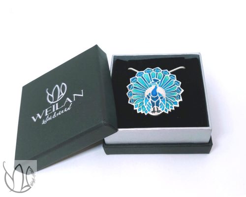 Fölszállott a páva - Büszke páva - ezüst tűzzománc medál Weilan díszdobozban