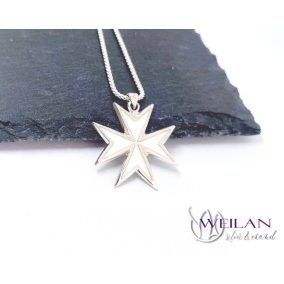 Maltese Cross - 925 sterling Silver Enamel Pendant (white)
