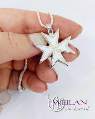 Maltese Cross - 925 sterling Silver Enamel Pendant (white)