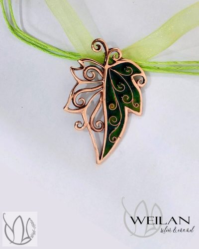 Leaf - Hedera / borostyánlevél bronz tűzzománc medál, zöld OG
