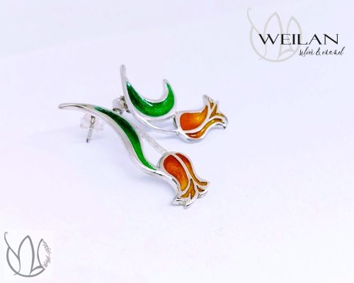 Hej'tulipán - Virágszálam aszimmetrikus ezüst tűzzománc fülbevaló