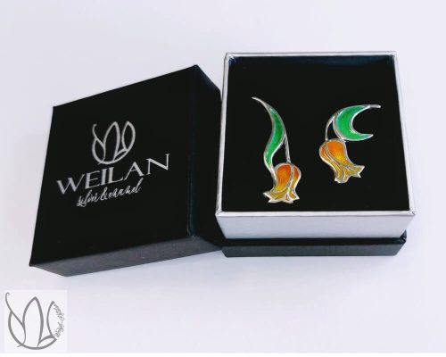 Hej'tulipán - Virágszálam aszimmetrikus ezüst tűzzománc fülbevaló Weilan díszdobozban