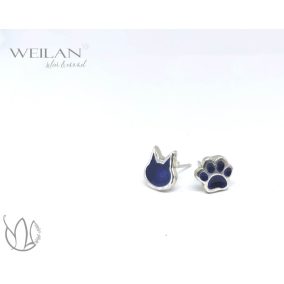 Karnevál - Aszimmetrikus cicafej és cicatalp ezüst tűzzománc fülbevaló OG