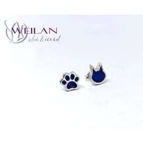 Karnevál - Aszimmetrikus cicafej és cicatalp ezüst tűzzománc fülbevaló OG