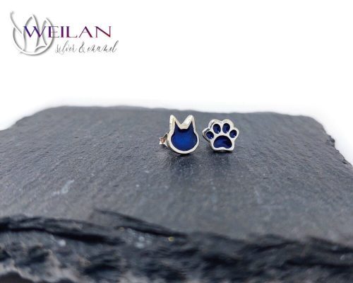 Karnevál - Aszimmetrikus cicafej és cicatalp ezüst tűzzománc fülbevaló