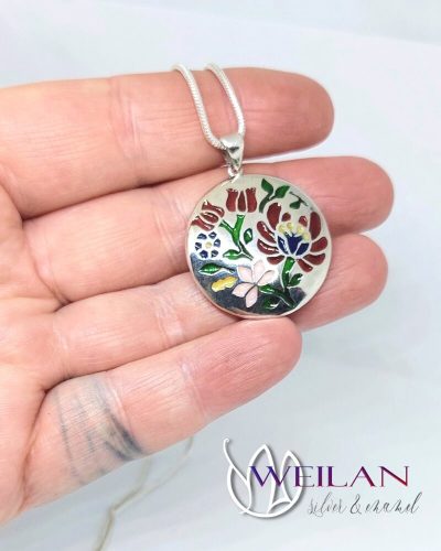 Tradició - Virágoskertem, kalocsai motívumú ezüst tűzzománc medál