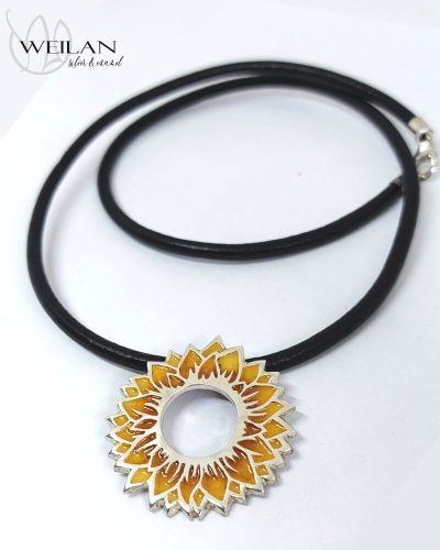 Flora - Napraforgóvirág ezüst tűzzománc medál bőrszálon