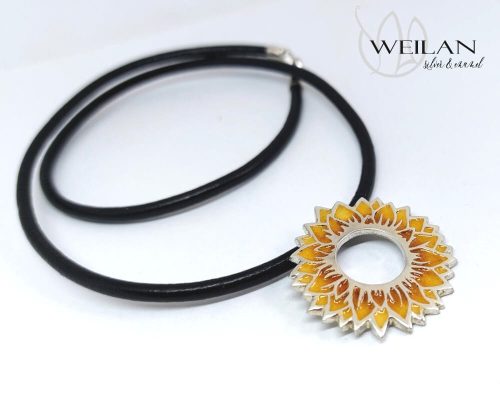 Flora - Napraforgóvirág ezüst tűzzománc medál bőrszálon